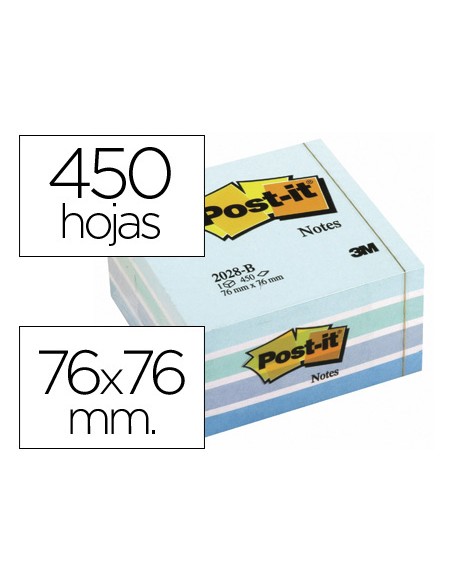 Bloc de notas adhesivas quita y pon post it 76x76 mm cubo color azul pastel 450 hojas