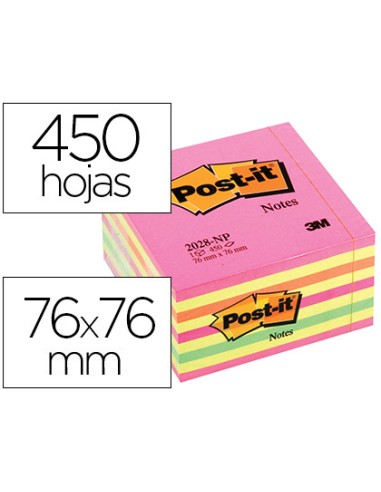 Bloc de notas adhesivas quita y pon post it 76x76 mm cubo color rosa neon 450 hojas