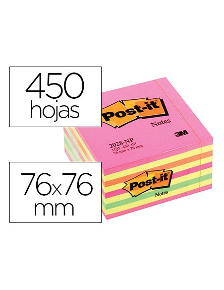 Bloc de notas adhesivas quita y pon post it 76x76 mm cubo color rosa neon 450 hojas