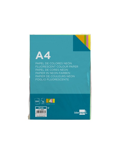 Papel color liderpapel a4 75gr neon 4 colores surtidos paquete de 100 hojas