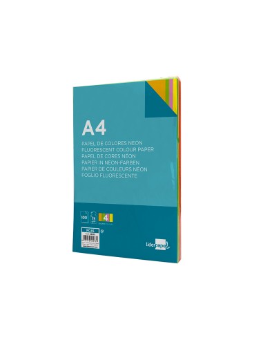 Papel color liderpapel a4 75gr neon 4 colores surtidos paquete de 100 hojas