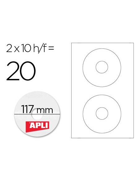 Etiqueta adhesiva apli 10603 tamano cd rom 117 mm para fotocopiadora laser ink jet caja con 10 hojas 20 etiquetas