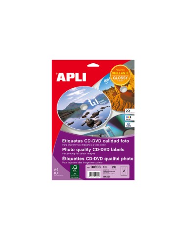 Etiqueta adhesiva apli 10603 tamano cd rom 117 mm para fotocopiadora laser ink jet caja con 10 hojas 20 etiquetas