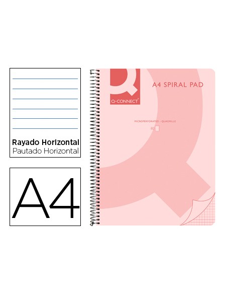 Cuaderno espiral q connect a4 micro tapa plastico 80h 70g horizontal sin bandas 4 taladros rosa