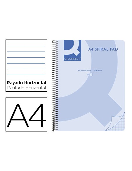 Cuaderno espiral q connect a4 micro tapa plastico 80h 70g horizontal sin bandas 4 taladros azul