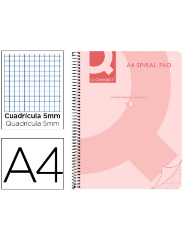 Cuaderno espiral q connect a4 micro tapa plastico 80h 70g cuadro 5mm sin bandas 4 taladros rosa
