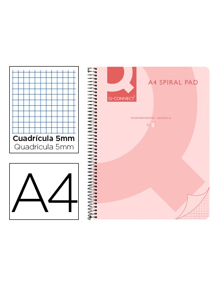 Cuaderno espiral q connect a4 micro tapa plastico 80h 70g cuadro 5mm sin bandas 4 taladros rosa