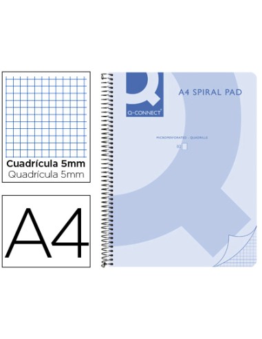 Cuaderno espiral q connect a4 micro tapa plastico 80h 70g cuadro 5mm sin bandas 4 taladros azul