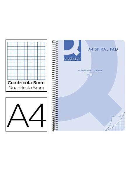 Cuaderno espiral q connect a4 micro tapa plastico 80h 70g cuadro 5mm sin bandas 4 taladros azul