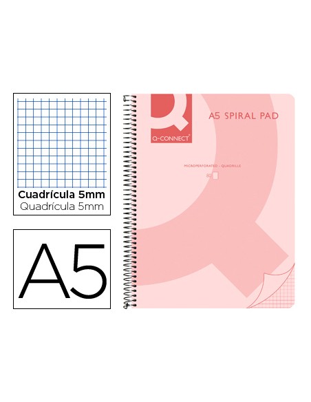 Cuaderno espiral q connect a5 micro tapa plastico 80h 70g cuadro 5mm sin bandas 6 taladros rosa