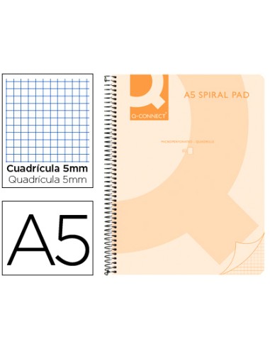 Cuaderno espiral q connect a5 micro tapa plastico 80h 70g cuadro 5mm sin bandas 6 taladros naranja