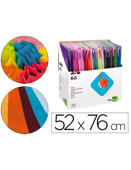 Papel seda liderpapel 52x76 cm expositor 60 bolsas de 5 hojas 12 colores surtidos