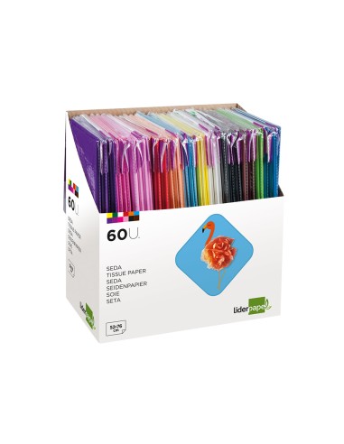Papel seda liderpapel 52x76 cm expositor 60 bolsas de 5 hojas 12 colores surtidos
