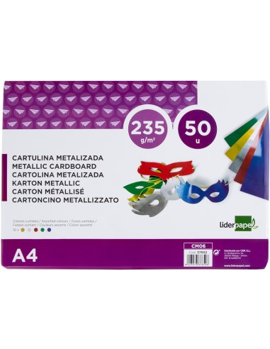 Cartulina liderpapel a4 235 g m2 metalizada 5 colores surtidos paquete de 50 hojas