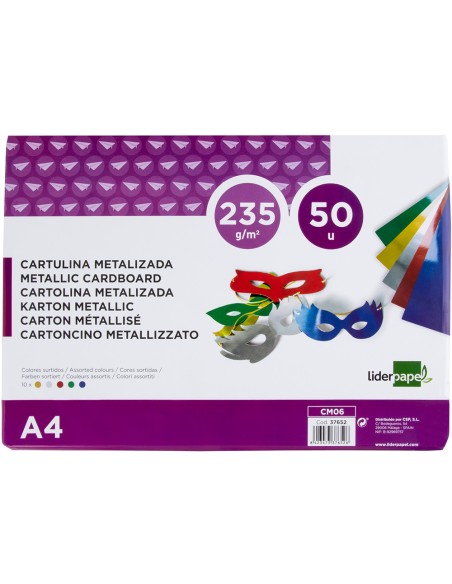 Cartulina liderpapel a4 235 g m2 metalizada 5 colores surtidos paquete de 50 hojas