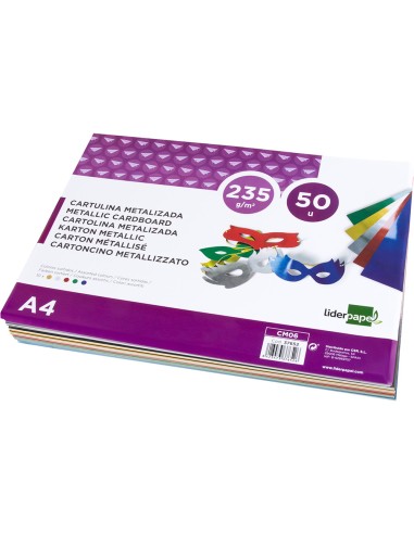 Cartulina liderpapel a4 235 g m2 metalizada 5 colores surtidos paquete de 50 hojas