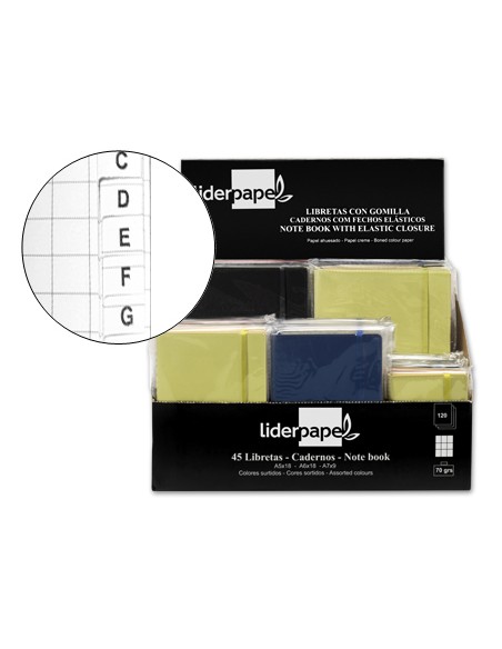 Libreta liderpapel simil piel 120 hojas 70g m2 cuadro 4mm indice expositor de 45 unidades colores surtidos Libreta liderpapel simil piel 120 hojas 70g m2 cuadro 4mm indice expositor de 45 unidades colores surtidos