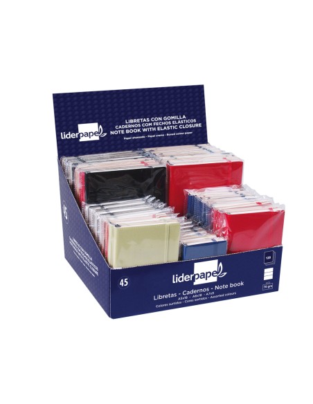 Libreta liderpapel simil piel 120 hojas 70g m2 cuadro 4mm indice expositor de 45 unidades colores surtidos Libreta liderpapel simil piel 120 hojas 70g m2 cuadro 4mm indice expositor de 45 unidades colores surtidos