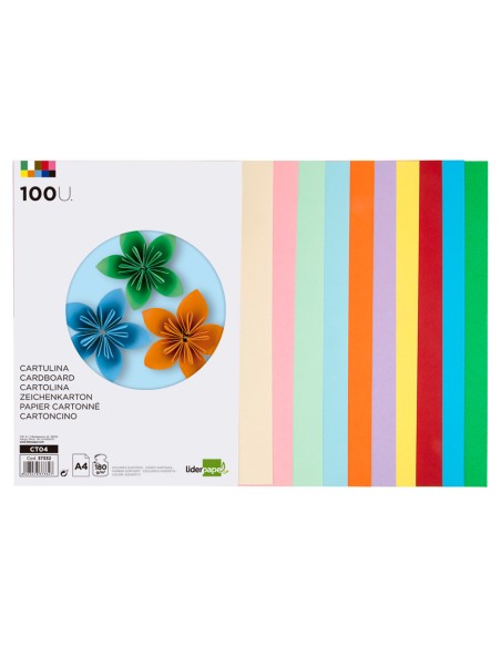 Cartulina liderpapel a4 180g m2 10 colores surtidos paquete de 100 hojas