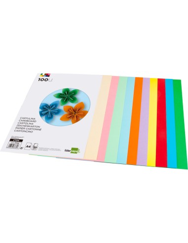 Cartulina liderpapel a4 180g m2 10 colores surtidos paquete de 100 hojas