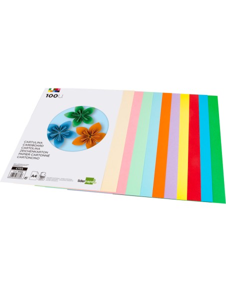 Cartulina liderpapel a4 180g m2 10 colores surtidos paquete de 100 hojas