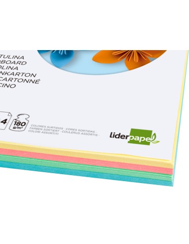 Cartulina liderpapel a4 180g m2 4 colores surtidos paquete de 100 hojas