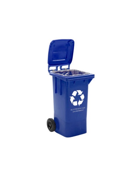 Papelera contenedor q connect plastico con tapadera 100l color azul 800x510x525 mm con ruedas