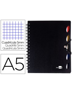 Cuaderno espiral liderpapel a5 micro executive tapa plastico 100h 80 gr cuadro 5mm 5 separadores con gomilla negro