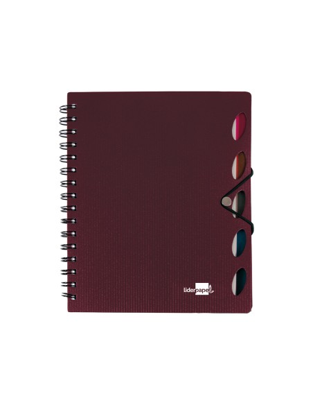 Cuaderno espiral liderpapel a4 micro executive tapa plastico 100h 80 gr cuadro 5mm 5 separadores con gomilla burdeos