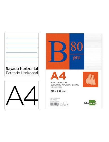 Bloc notas liderpapel horizontal a4 80 hojas 60g m2 encolado