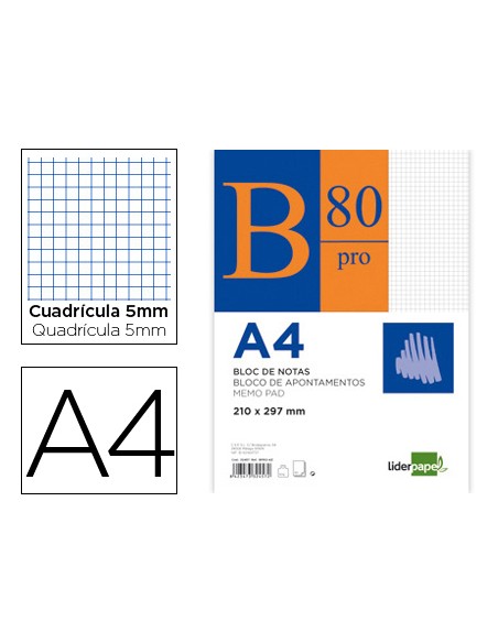 Bloc notas liderpapel cuadro 5mm a4 80 hojas 60g m2 encolado
