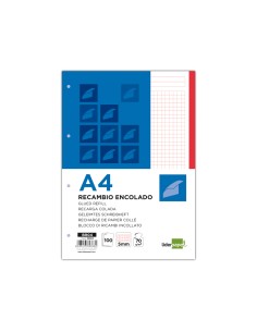 Bloc encolado liderpapel cuadro 5mm rojo a4 natural 100 hojas 70 g m2