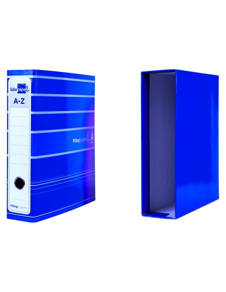 Archivador de palanca liderpapel a4 filing system forrado sin rado lomo 80mm azul con caja y compresor metalico