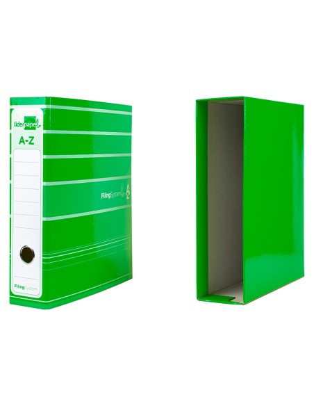 Archivador de palanca liderpapel a4 filing system forrado sin rado lomo 80mm verde con caja y compresor metalico