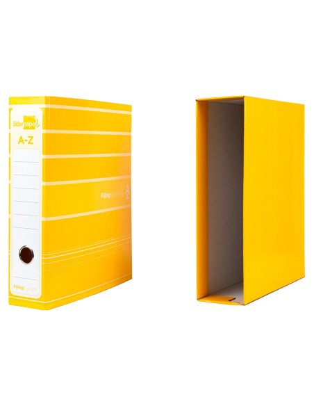 Archivador de palanca liderpapel a4 filing system forrado sin rado lomo 80mm amarillo con caja y compresor metal