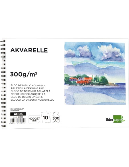 Bloc dibujo liderpapel acuarela espiral 297x420mm 10 hojas 300g m2 sin recuadro