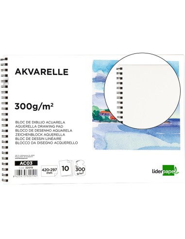 Bloc dibujo liderpapel acuarela espiral 297x420mm 10 hojas 300g m2 sin recuadro