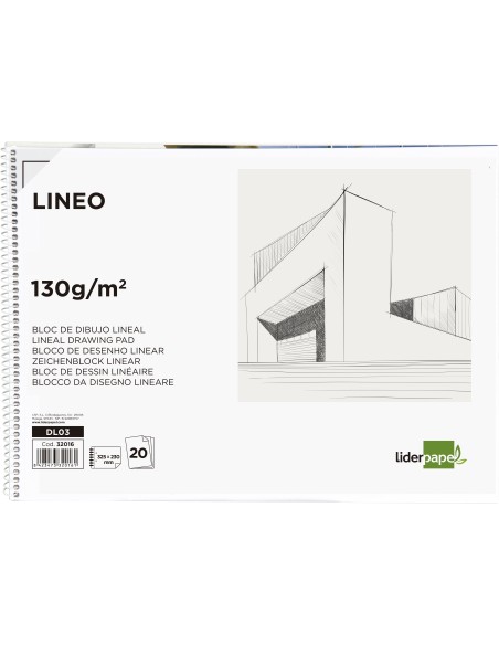 Bloc dibujo liderpapel lineal espiral 230x325mm 20 hojas 130gr m2 con recuadro 2 taladros perforado