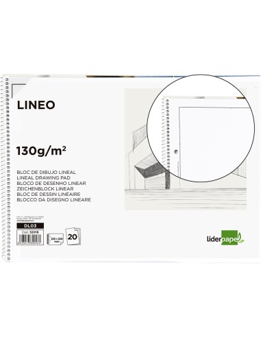 Bloc dibujo liderpapel lineal espiral 230x325mm 20 hojas 130gr m2 con recuadro 2 taladros perforado