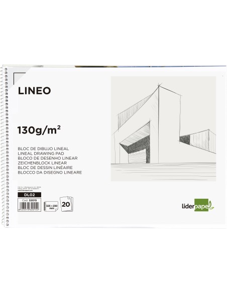 Bloc dibujo liderpapel lineal espiral 230x325mm 20 hojas 130 gr m2 con recuadro perforado
