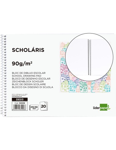 Bloc dibujo liderpapel escolar espiral 155x215mm 20 hojas 90 gr m2 sin recuadro