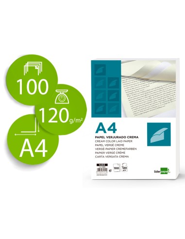 Papel verjurado liderpapel a4 120g m2 crema paquete de 100 hojas