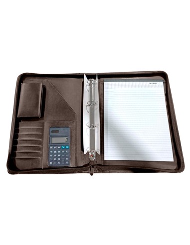 Carpeta portafolios q connect cremallera 4 anillas 20 mm concalculadora con bolsa para movil color marron 260x355 mm