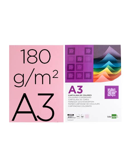 Cartulina liderpapel a3 180g m2 rosa paquete de 100 hojas