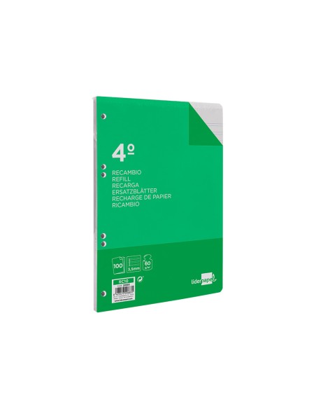 Recambio liderpapel cuarto 100 hojas 60g m2 pauta 4ª 35mm con margen 6 taladros
