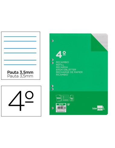 Recambio liderpapel cuarto 100 hojas 60g m2 pauta 4ª 35mm con margen 6 taladros