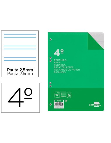 Recambio liderpapel cuarto 100 hojas 60g m2 pauta 5ª 25mm con margen 6 taladros