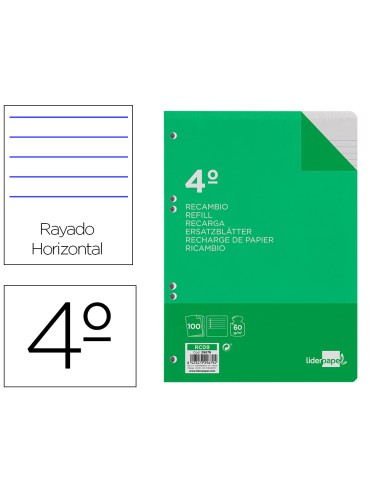 Recambio liderpapel cuarto 100 hojas 60g m2 horizontal con margen 6 taladros