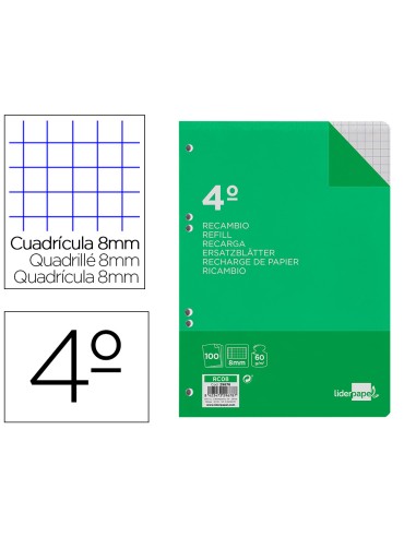 Recambio liderpapel cuarto 100 hojas 60g m2 cuadro 8mm con margen 6 taladros