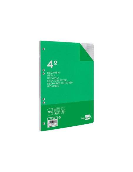 Recambio liderpapel cuarto 100 hojas 60g m2 cuadro 4mm con margen 6 taladros